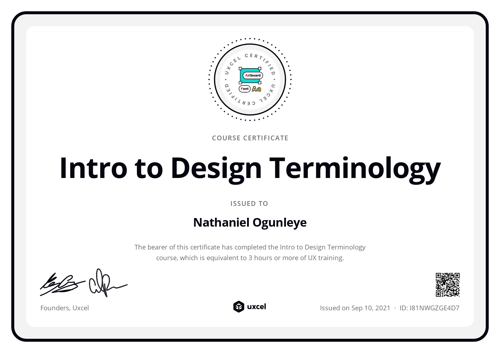 Nathaniel Ogunleye's certificate